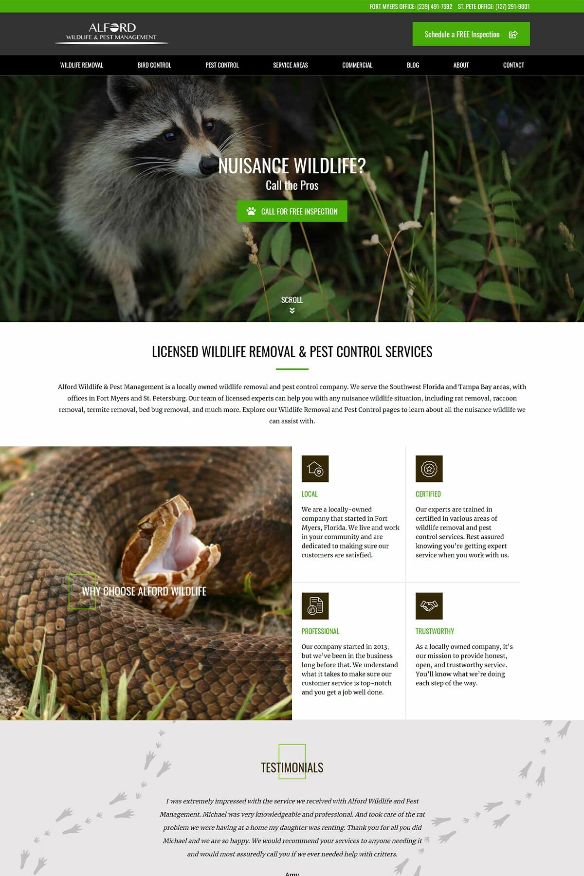 screenshot of alford wildlife website homepage