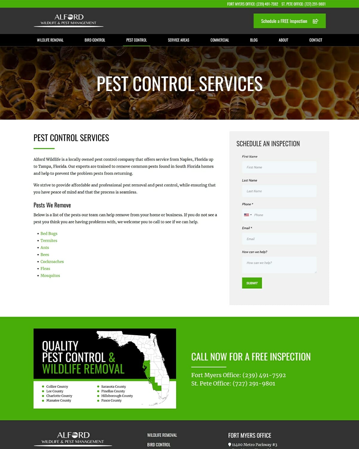 screenshot of alford wildlife website page for pest control services